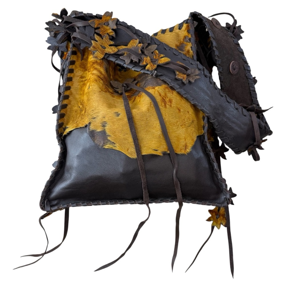 OOAK Artisan Handmade Leather Boho Bag Flower Fringe Strap - Picture 2 of 15